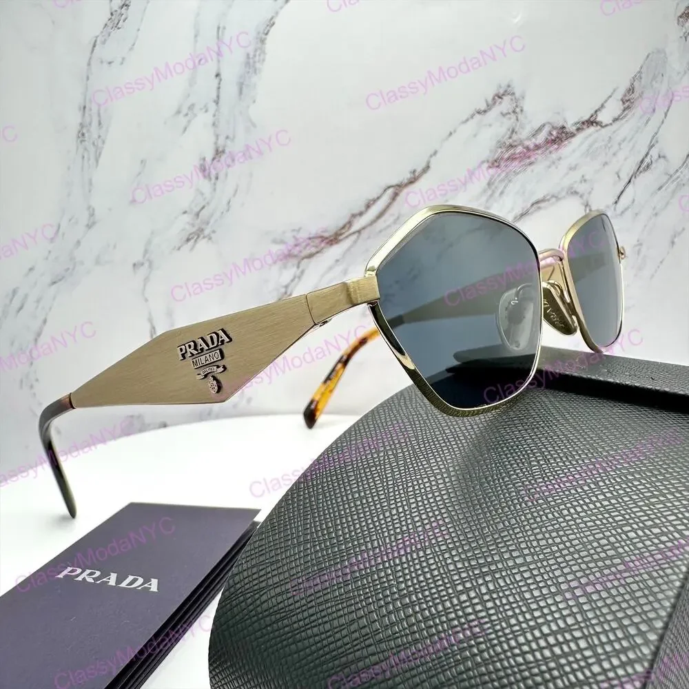 New PRADA Sunglasses Gold Metal 3D Logo Aviator Cat Eye Womens PRD50S ZVN70B